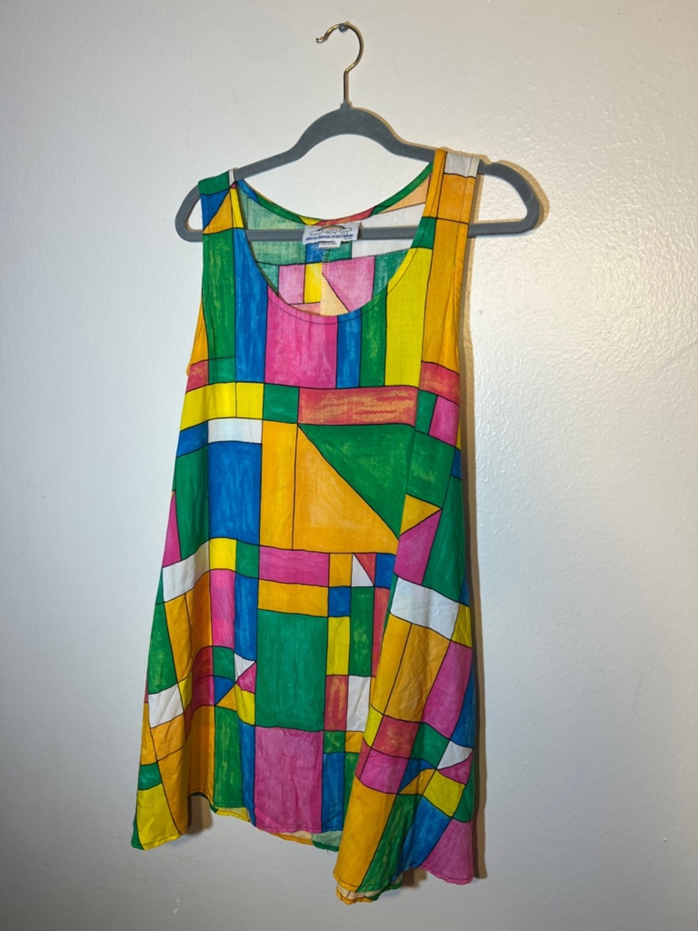Vintage Colorful Lightweight Mini Tent Dress in Stained Glass Shapes Print Art M - Picture 7 of 7